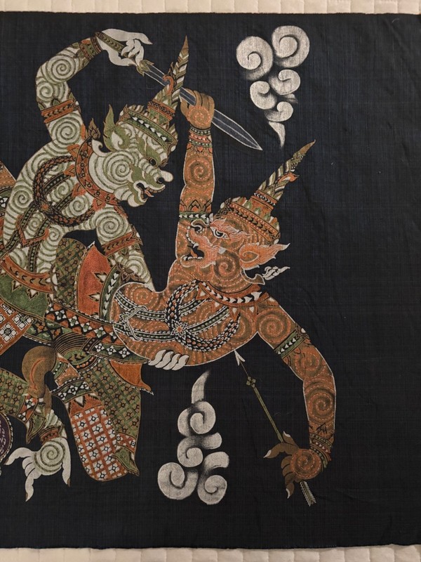 Vintage Painted Silk Thai Tapestry Man/God in Fight with Monkey Handpainted gallery