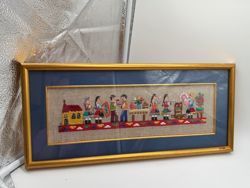 Vintage Czech / Slovakia Framed Embroidery Textile w/ Various Figures & Baby