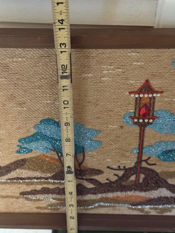 MCM MID-CENTURY MODERN Pebble Gravel Art Asian Landscape on Burlap Pagoda FRAMED gallery
