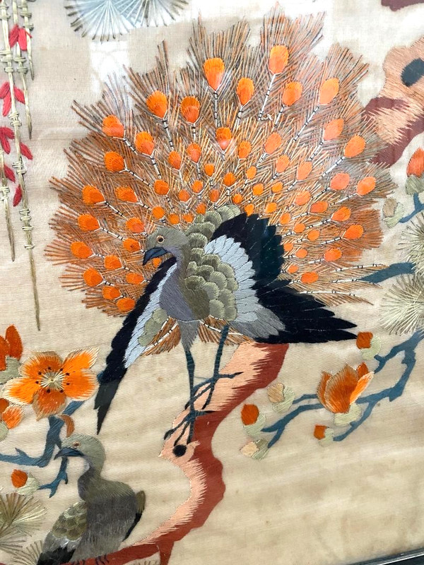 17 x 25 Vtg Chinese Silk Framed Embroidery depicting peacocks and pine trees gallery
