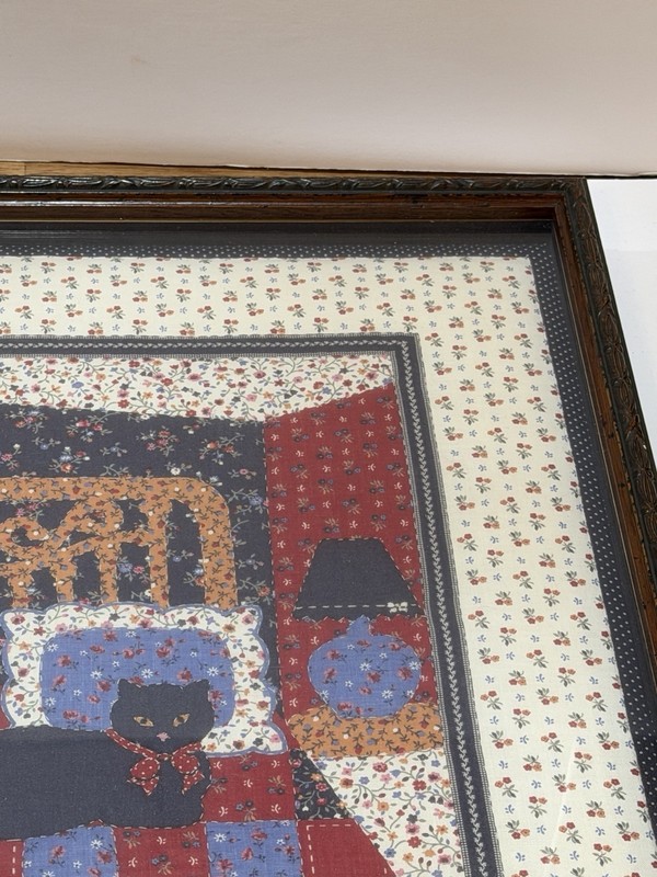 Framed Quilted Square Black Cat On Bed Kitschy Folk Art Cats Patchwork gallery