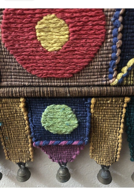 Vintage Mid Century Tribal Folk Art - Woven Wall Hanging - Bronze Bells gallery