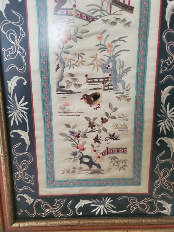 Silk Asian Embroidered Panel Vintage Art Bamboo Landscape gallery