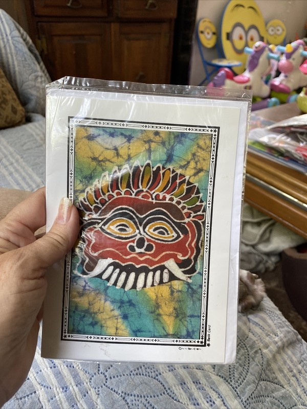 Vtg Sealed Bali Batik Card Dyed Fabric Art Tribal Face Matted Pictured 5x7 gallery