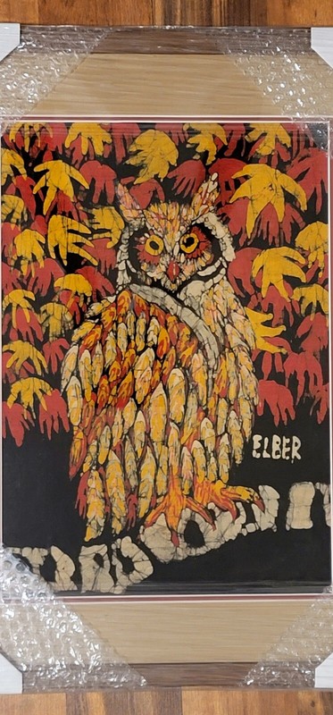 Rare Mid Century Modern Batik Great Horned Owl By Mary Elber Matted & Framed gallery