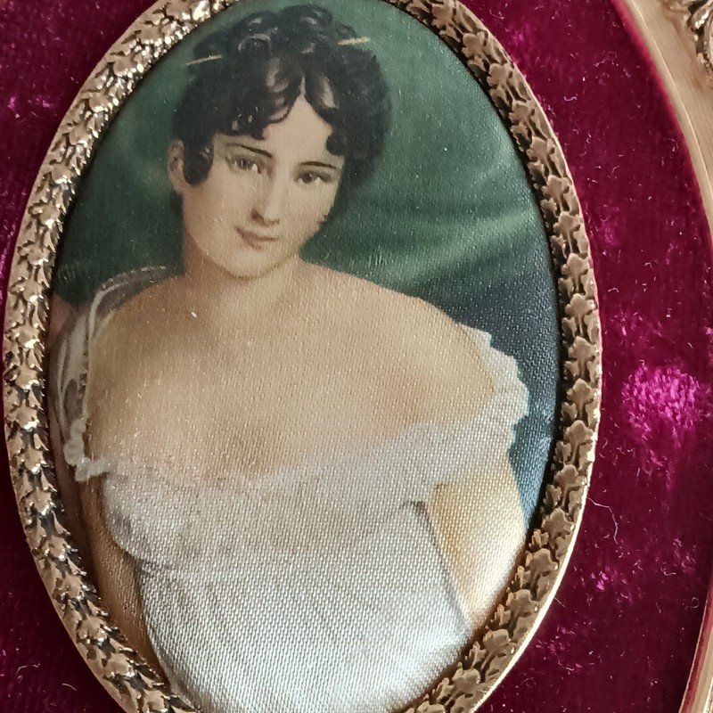 Vintage Italian Oval Wall Hangings - Brass Frame Print Silk Lady Portraits gallery