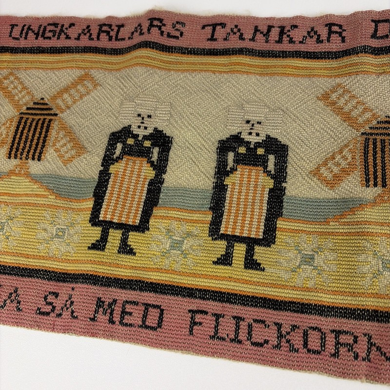 Vintage Swedish Folk Art Windmill Wool Embroidered Tapestry Textile 32" x 11.5" gallery