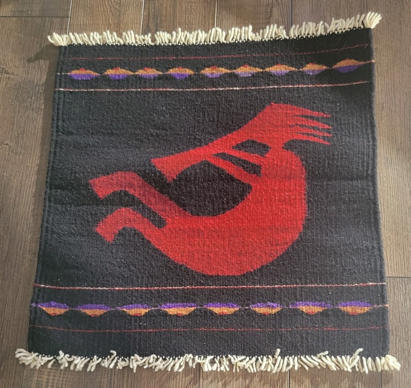 Hand Woven Wool Zapotec Southwestern Rug Mat Wall Hanging 20" x 22" Black & Red gallery