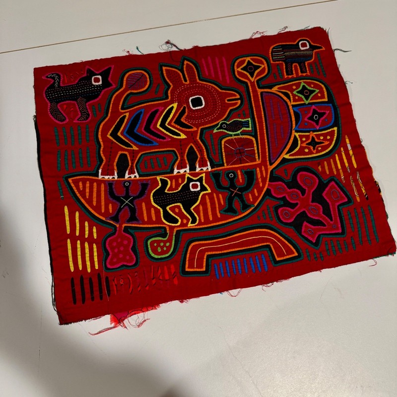 Mola Art Panel Red Animal Boat Folk Art Textile Wall Hanging