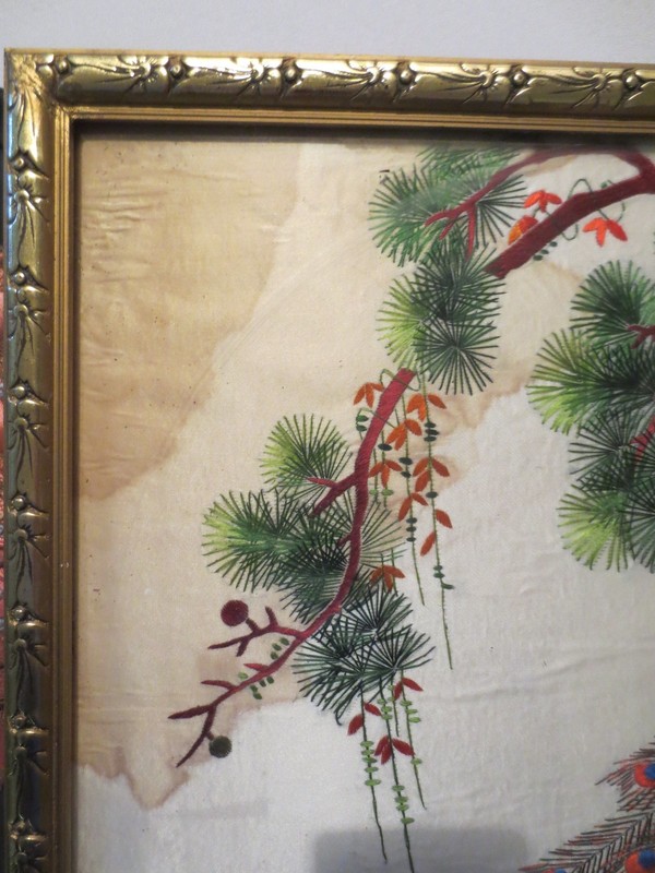 VINTAGE CHINESE PEACOCK & ROSES FRAMED SILK EMBROIDERY ON SILK gallery