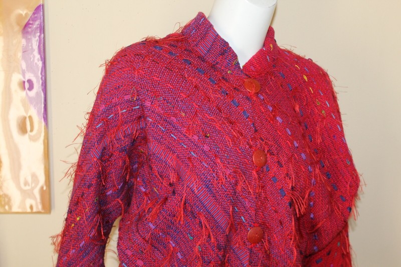 B Jane Doub Sz S M Rich Red Purple Hand-Woven Fiber Art-to-Wear Coat Jacket gallery