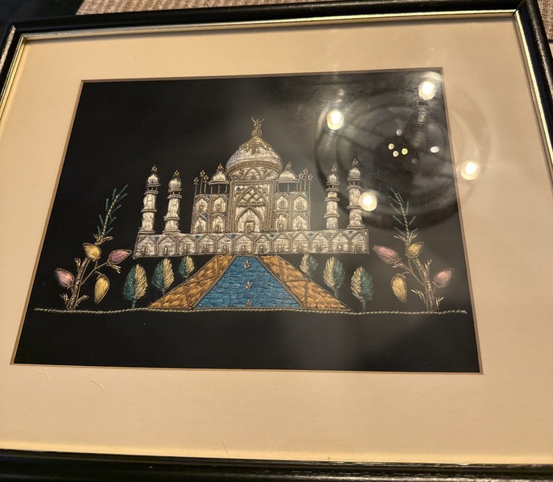 Vintage Hand Crafted Velvet Silk Embroidered Textile Art Taj Mahal Framed