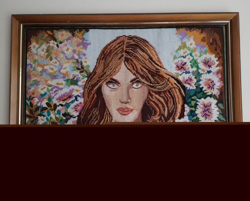 VINTAGE EUROPEAN HAND MADE GIRL WITH FLOWERS EMBROIDERY (FRAMED)