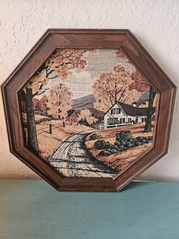 Vintage 1950’s Kay Dee HandPrints Painted Linen Autumn Farm Scene,…