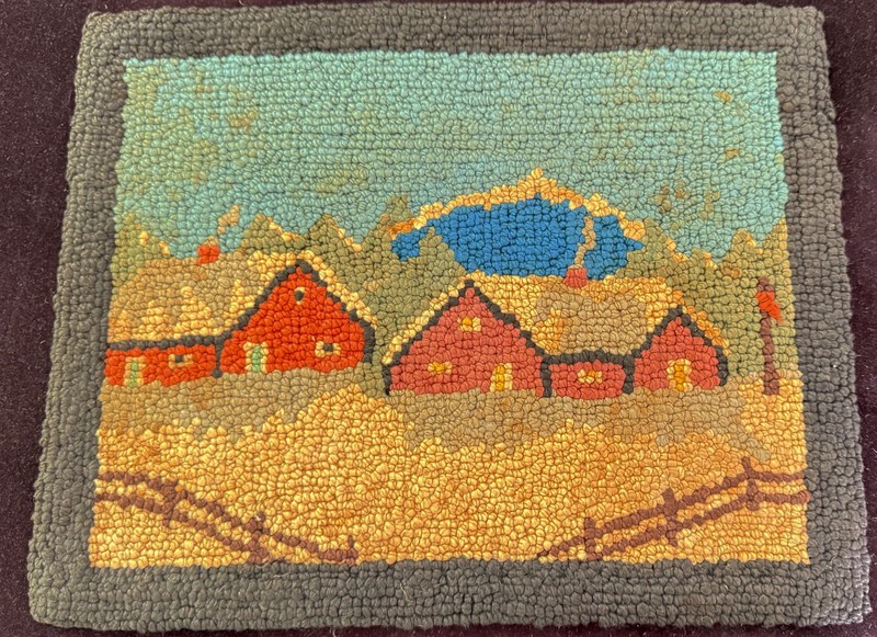 Vintage Folk Art Primitive Country Hand Hooked Panel New England Scene ZZ569