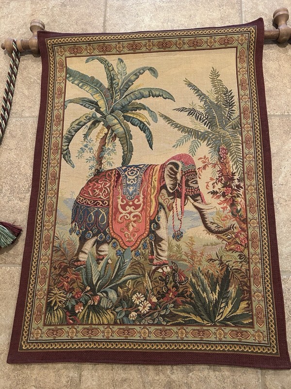Vtg French L’Elephant Wall Tapestry with Wooden Rod Tassels 28.4x37.4 Large gallery