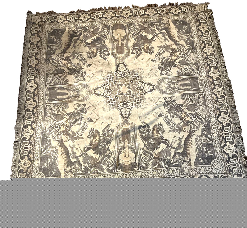 Vintage Fringed Tapestry Depicts 19th Century Tiger Hunters Cotton 66″L X 60″W