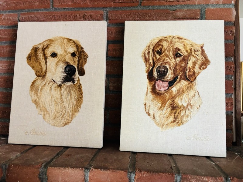 Set of 2 vintage embroidered dog portraits golden retriever yellow lab dog Art