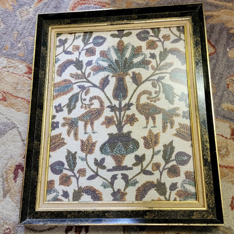 Vintage Framed Tapestry Cloth Birds Floral Motif Fabric