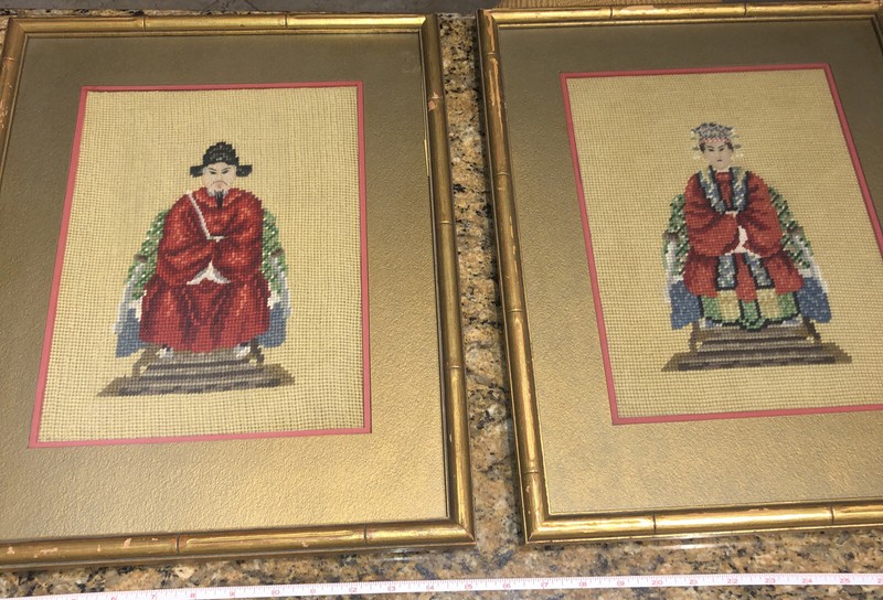 Vintage Fine Needlepoint & Petit point Asian Chinese Emperor Empress Frame Pair