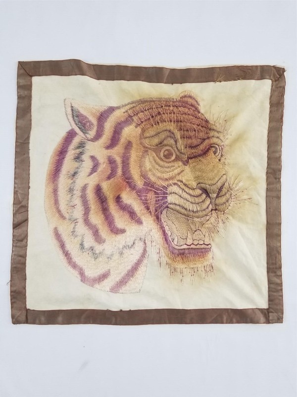 Vintage Hand Embroidered Tiger Head Textile Panel – Silk Threadwork Art 49x48cm