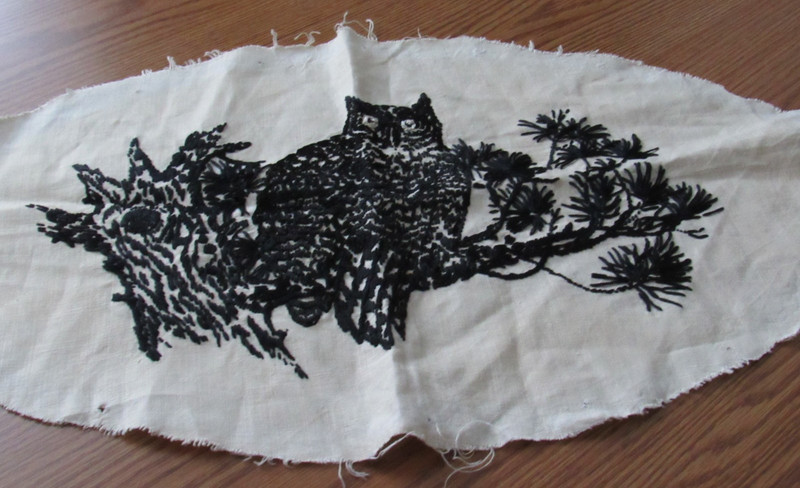 Vintage Linen Black Embroidered Horned Owl on Pine Branch Unframed gallery