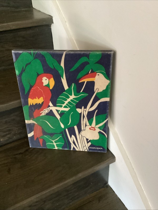 Marushka Tropical Parrot Toucan Screen Print 11×14” Framed Textile – AS IS