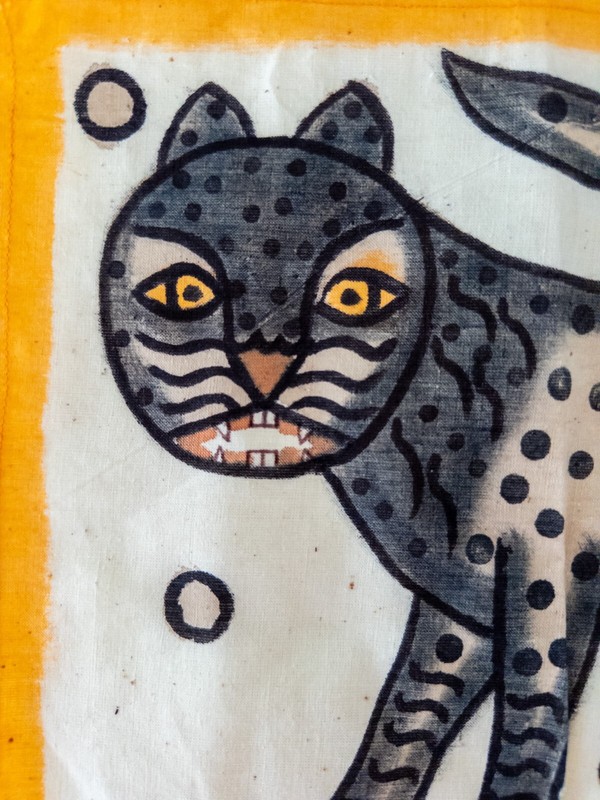 Vintage Handpainted Jharkhand East India Painted Black Leopard on Cotton Fabric gallery