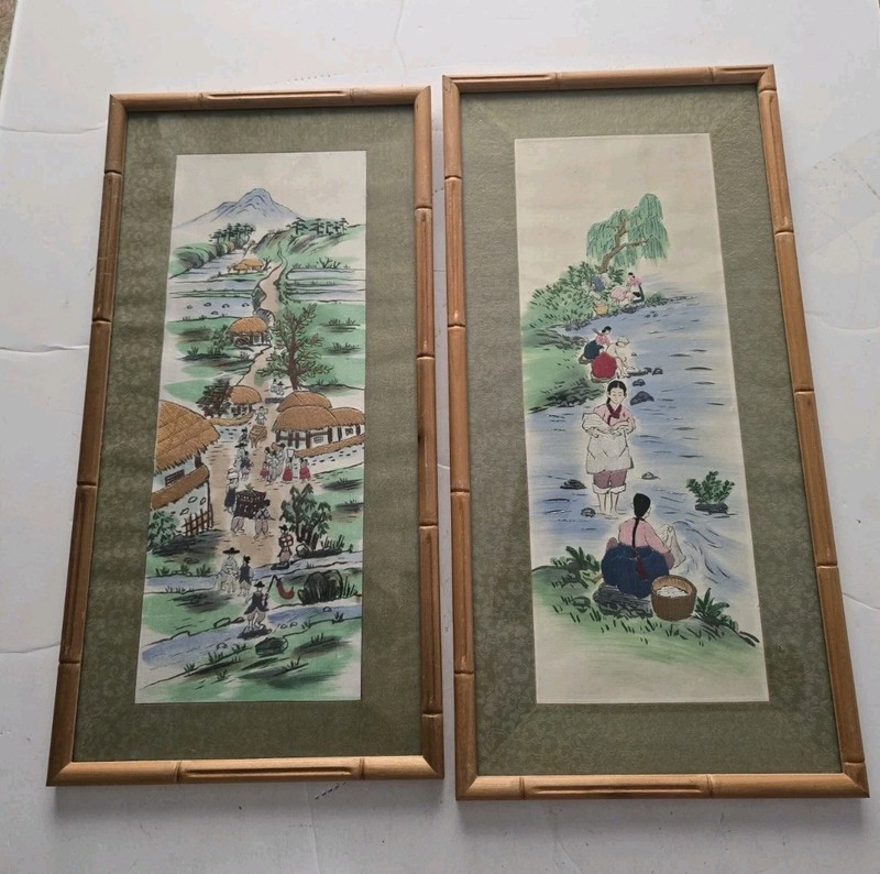 Vtg Korean Traditional County Lifestyle Two Panels Painted, Embroidered Framed gallery