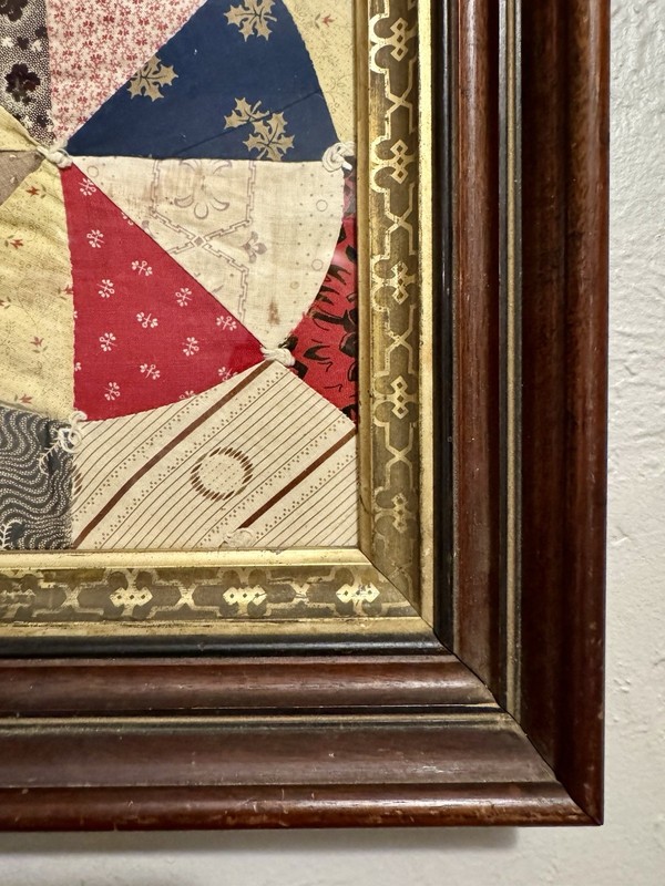 Antique 1800s Walnut Frame w/ Early 1900s Patchwork Quilt Square Textile Art gallery