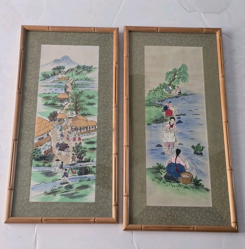 Vtg Korean Traditional County Lifestyle Two Panels Painted, Embroidered Framed