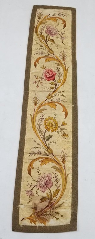 Antique French Hand Embroidered Floral Panel with Metallic Lace 118x26cm