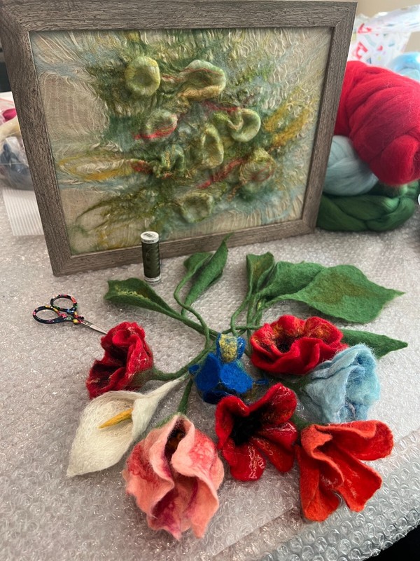 Felt Art/Wet Felted/Nuno Felted/Wall Décor/ “Spring Blossom” Bouquet Framed Art gallery