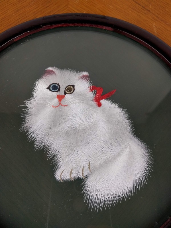 Double Sided Silk Embroidery White Cat Picture 8" Handmade Chinese Art Gift gallery