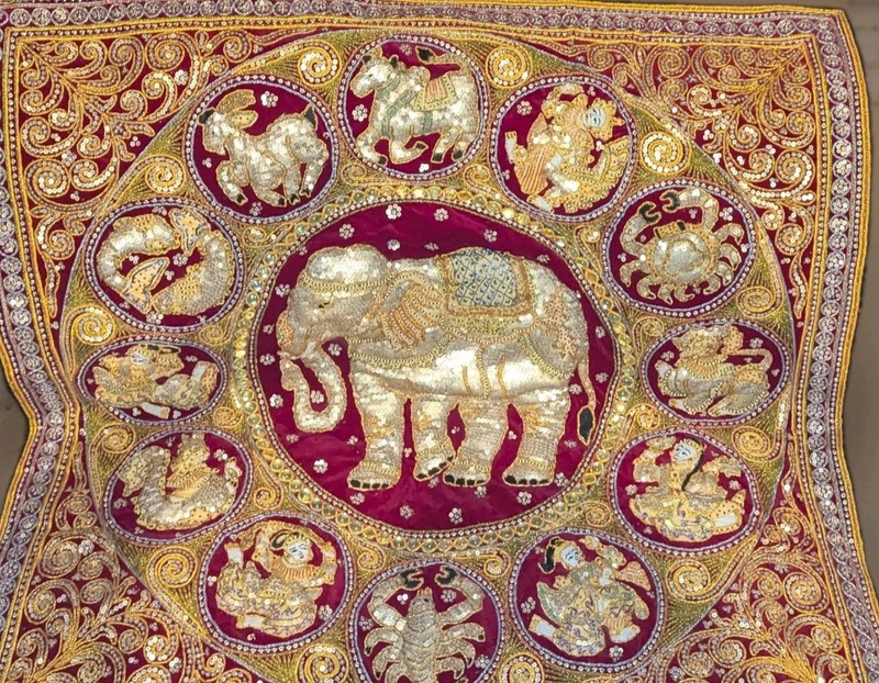 Vintage Indian Jyotish Zodiac Textile Padded Elephant Ceremonial Panel throw