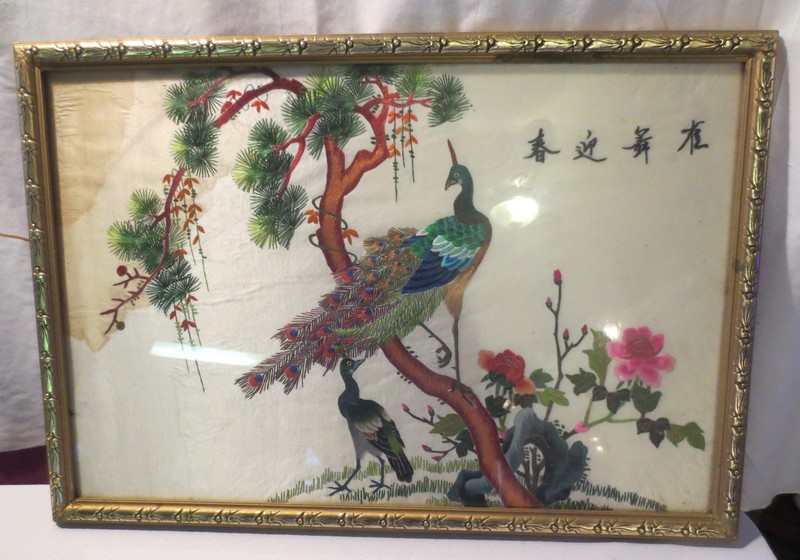VINTAGE CHINESE PEACOCK & ROSES FRAMED SILK EMBROIDERY ON SILK