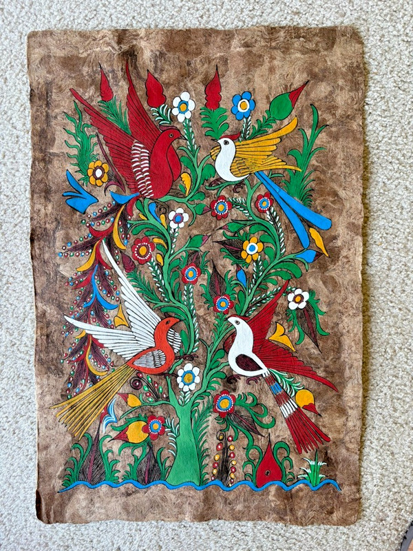 Lot 3 Vintage 60s Mexican Folk Art Tree Bark Paintings Birds Flowers 15"X23"