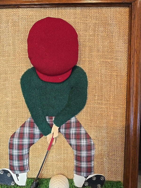 Vintage 1982 Handmade Folk Art Golfer Framed Fabric & Yarn Shadow Box Golf Decor gallery