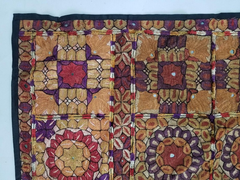 Vintage Traditional Indian Mirrorwork Hand Embroidered Textile Panel 34x24 in gallery