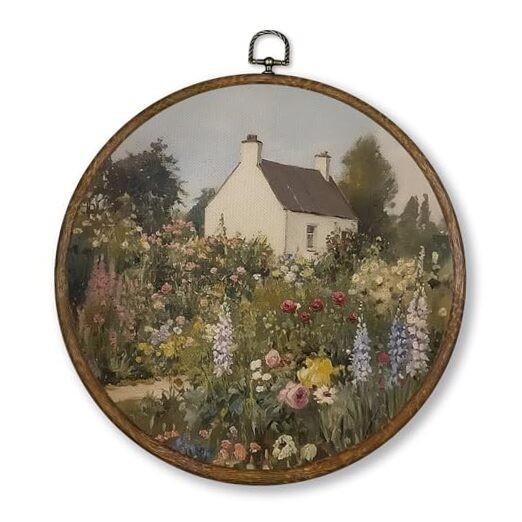 Qskjre French Country Wall Art Decor, Vintage Cottage Floral Landscape Round
