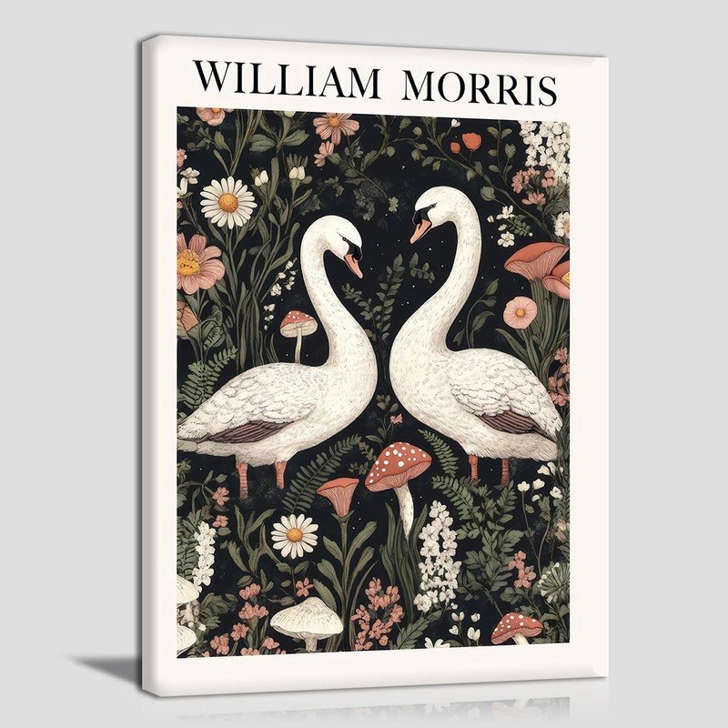 William Morris Style Swan Canvas Wall Art Vintage Floral Couple Swan Botanica…
