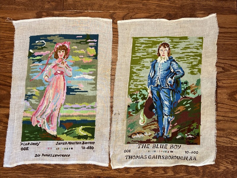 Vintage Needlepoint The Blue Boy And Pink Lady Completed Tapestries