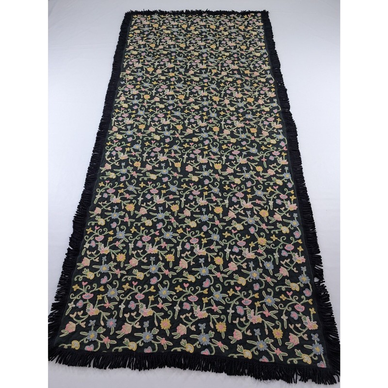 Vintage Kashmiri Crewel Embroidered Floral Wool Fringed Textile 112x50in