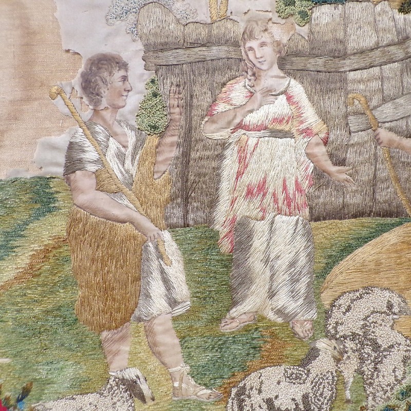 Antique Silkwork Framed Needlepoint Embroidery Georgian Portrait Countryside Art gallery