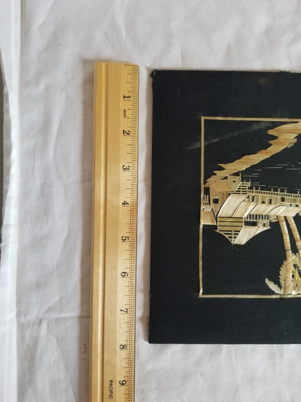 VTG Yellow Sea Landscape Straw Art Asian Oriental Rustic Scene on Black Art Work gallery