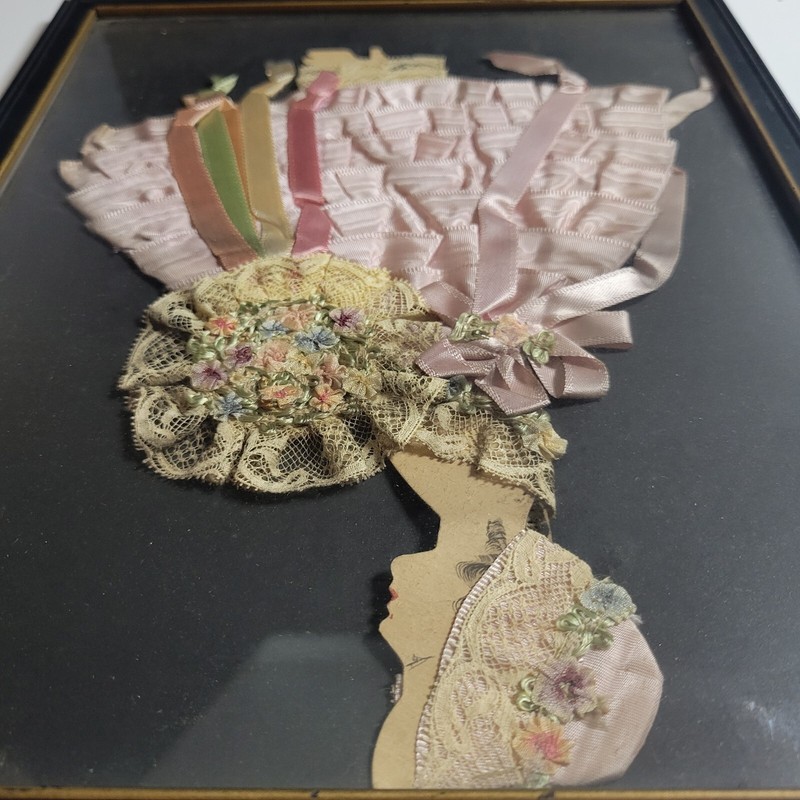 Antique Art Framed Fabric Woman Lady Bonnet Dress Flowers Bouquet Victorian gallery