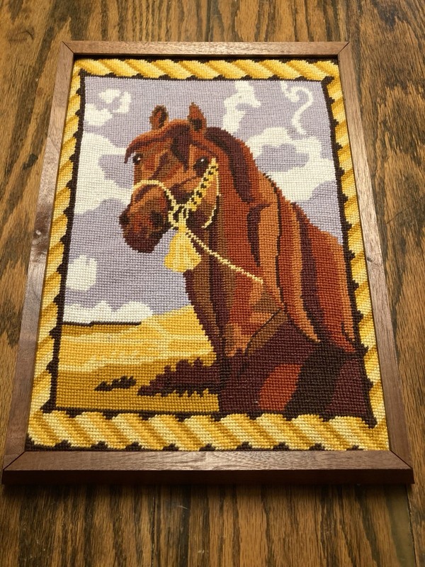 Vtg Bridled Horse Needlepoint Framed Wall Art Handmade Tapestry Equestrian EXC.!