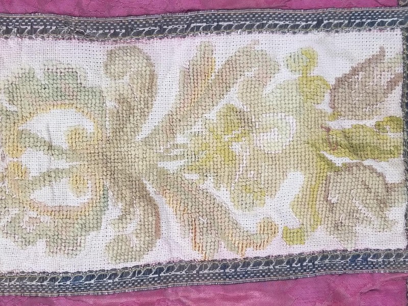 Antique French Silk Damask & Petitpoint Patchwork Textile 177x46cm gallery