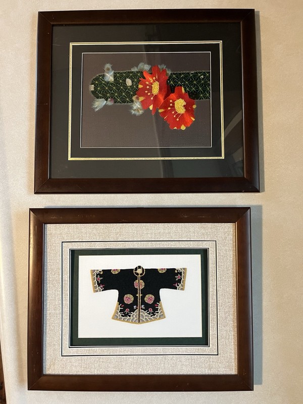 Vintage Flower Chinese Quing Dynasty Silk Embroidered Robe Framed Wall Art Lot