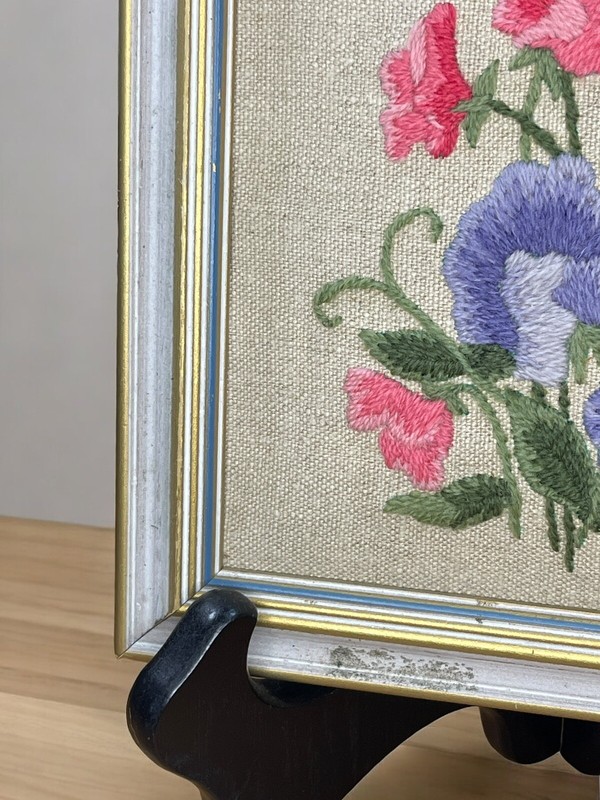 Crewel Embroidered Flower Framed Art 8 & 3/8” Square Vintage Cottage Floral gallery